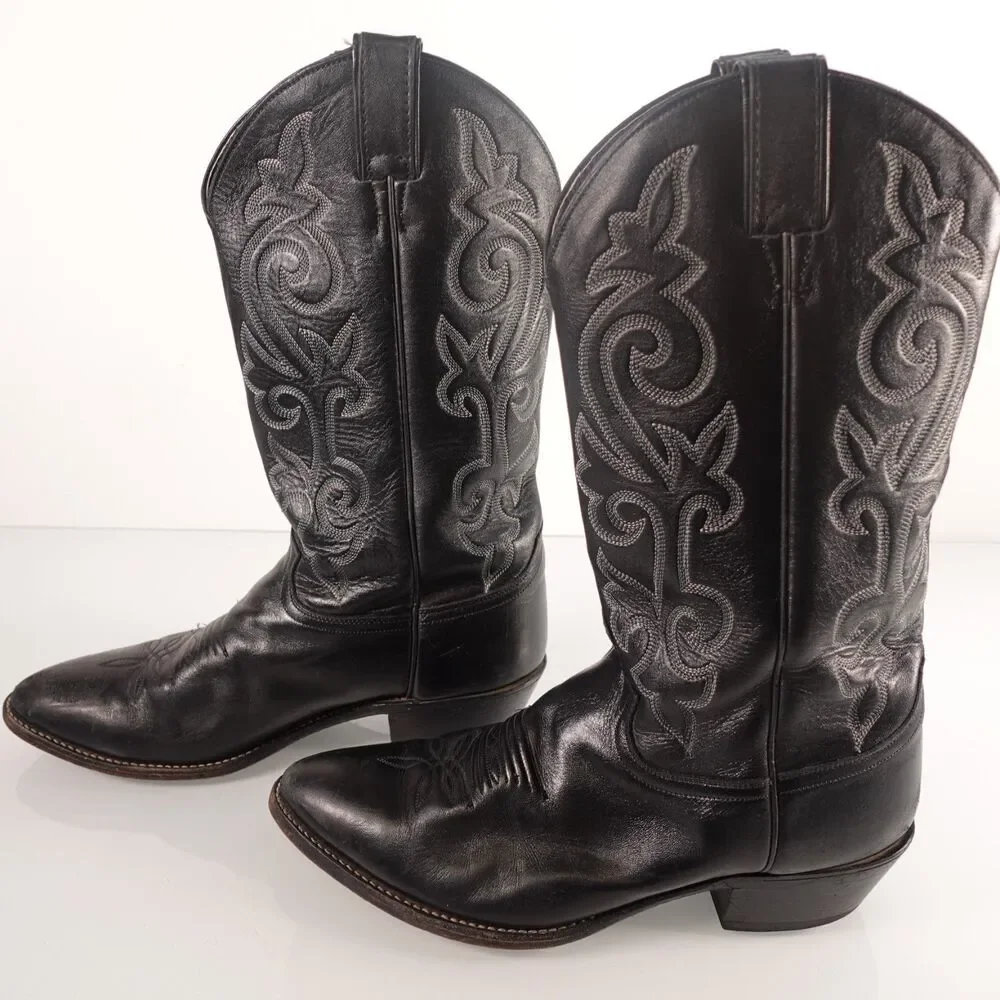 Justin Black Leather Cowboy Boots Western Mens Size 9 EEE Embroidered Style 1409